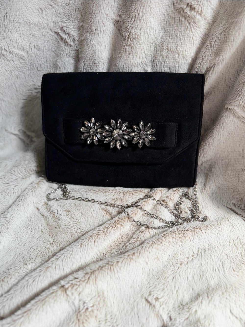 INC International Concepts Black Suede Clutch with Crystal Floral Accent